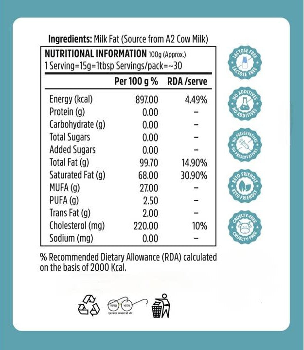 Savaana Organics A2 Gir Cow Ghee (500 ML) Traditional Bilona Method A2 Gir Cow Ghee | Grassfed, Pure and Healthy Desi Cow Ghee (Glass Bottle - 500 ML)