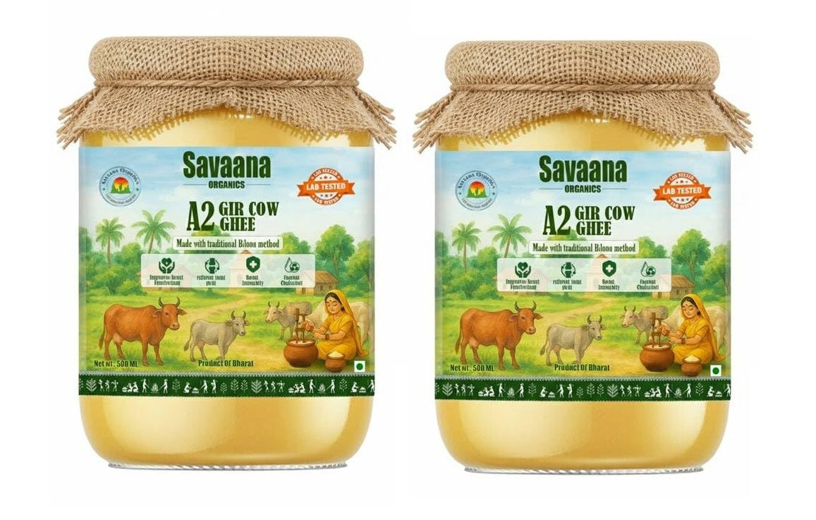 Savaana Organics A2 Gir Cow Ghee 1000 ml – Pure Bilona Method Grassfed Desi Ghee | Nutrient-Rich, Aromatic & Healthy Traditional Cow Ghee in Glass Jar | Combo Pack