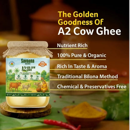 Savaana Organics A2 Gir Cow Ghee (500 ML) Traditional Bilona Method A2 Gir Cow Ghee | Grassfed, Pure and Healthy Desi Cow Ghee (Glass Bottle - 500 ML)