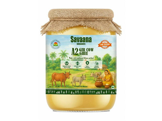 Savaana Organics A2 Gir Cow Ghee (500 ML) Traditional Bilona Method A2 Gir Cow Ghee | Grassfed, Pure and Healthy Desi Cow Ghee (Glass Bottle - 500 ML)