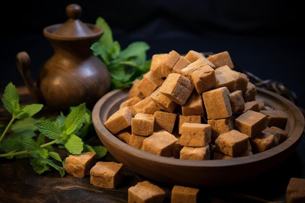 jaggery-cubes-wooden-tray-with-fresh-herbs-jaggery